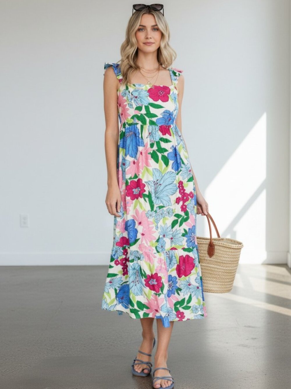 Umgee NWT Floral Ruffle Strap Smocked Midi Sundress Scallop Hem Sz L